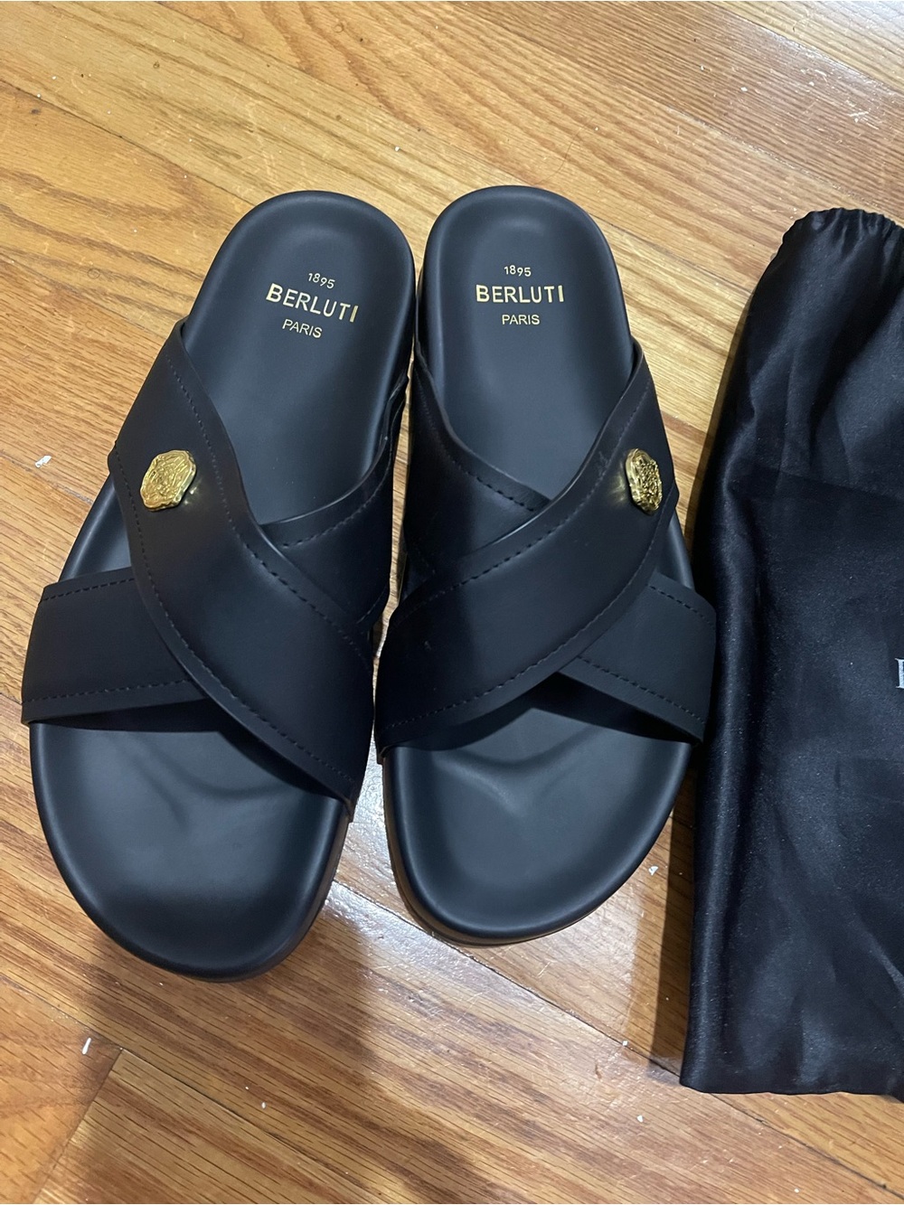 Berluti 1895 Paris Black Cross-Strap Slides Sz 44